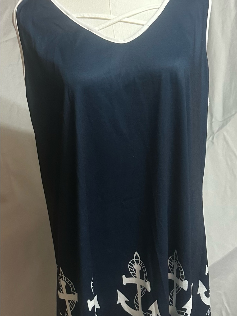 Navy Anchor-Print Tank Dress with White Trim